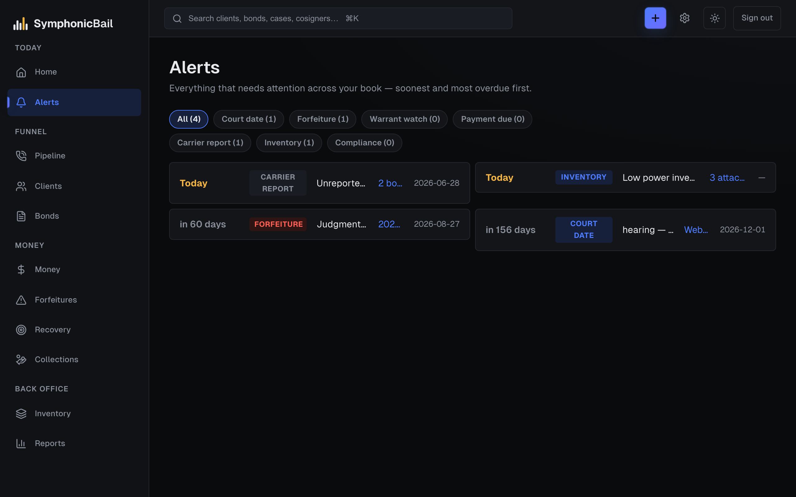The alerts hub in SymphonicBail