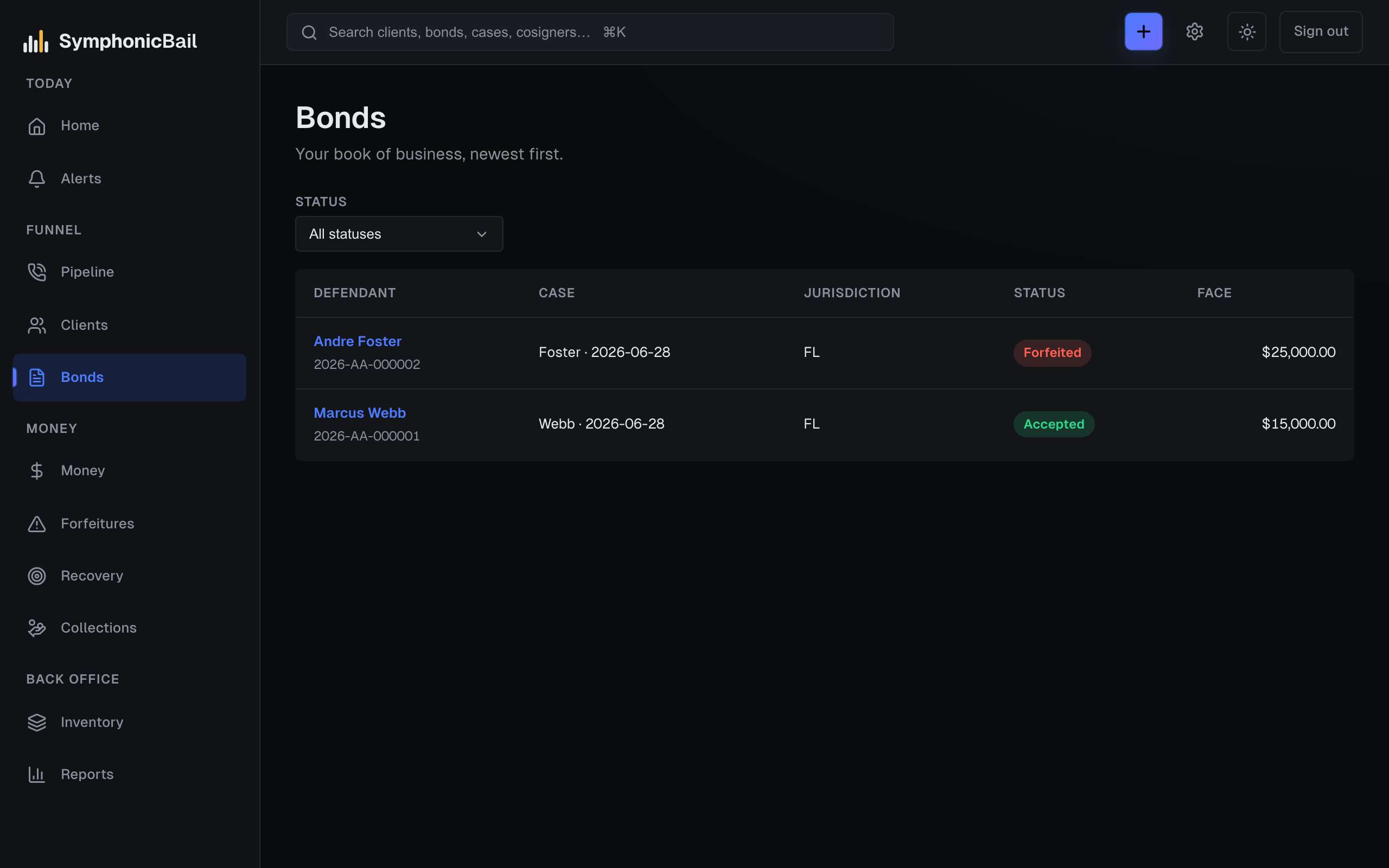 The bonds list in SymphonicBail